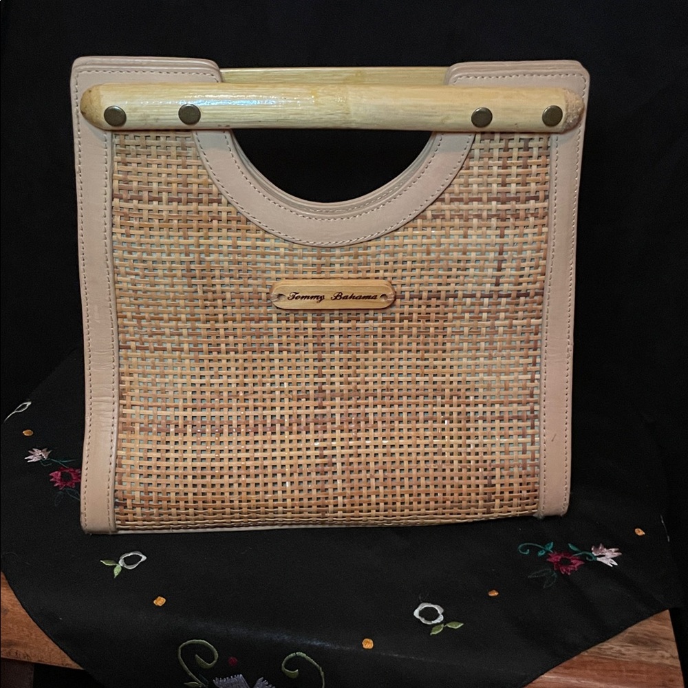Tommy Bahama Woven Rattan and Leather Handbag